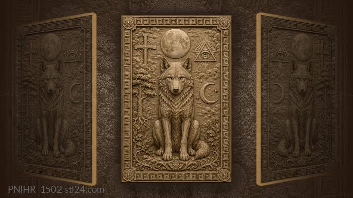 Seated wolf among mystic signs and moon 3d STL model