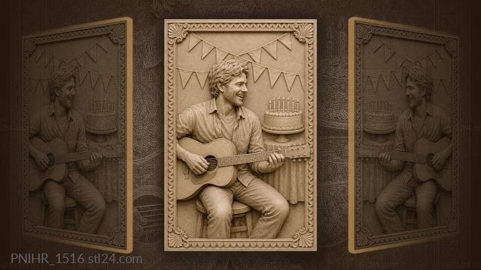 Guitarist at a birthday under paper pennants 3d STL model
