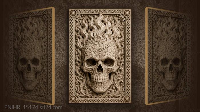 Patterned skull with flames on its crown 3d STL model
