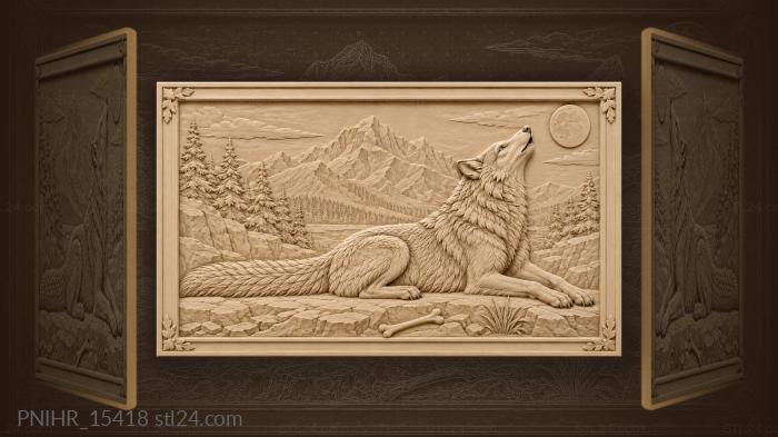 Wolf lying on slab beneath moon 3d STL model