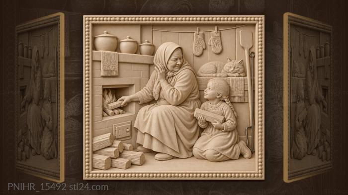 Grandmother and granddaughter feeding kindling 3d STL model