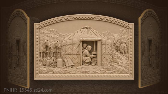 Woman feeds the stove beside the yurt 3d STL model