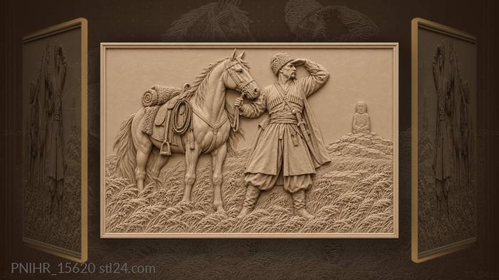 Cossack holds his horse by a stone idol 3d STL model