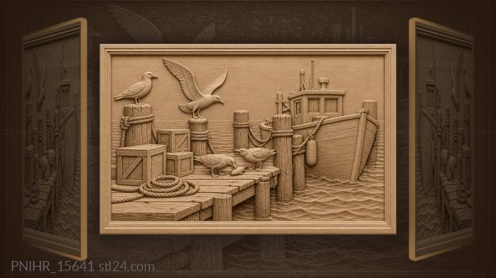 Old pier gulls and fishing boats 3d STL model