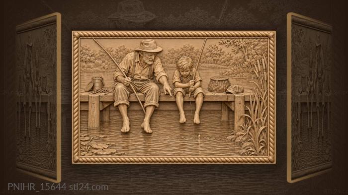 Old man and boy fishing together 3d STL model