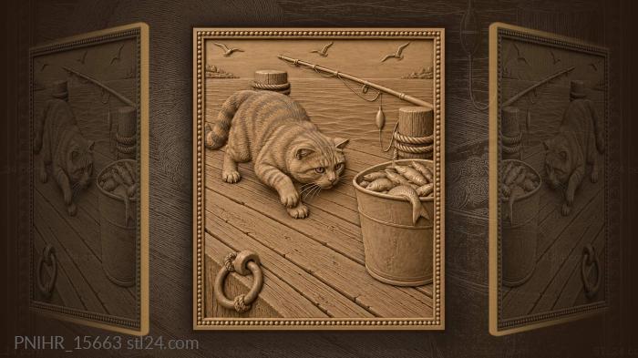 Cat stalking fish on pier 3d STL model