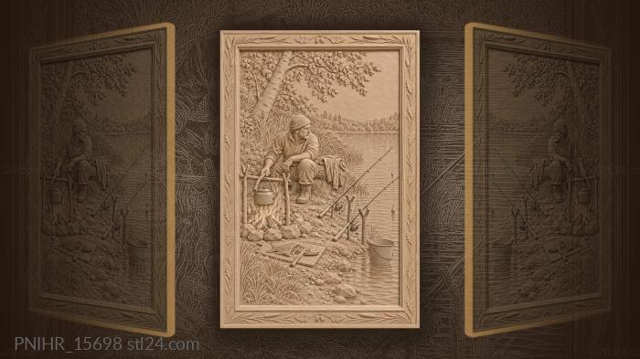 Riverside camp with fishing rods fire 3d STL model