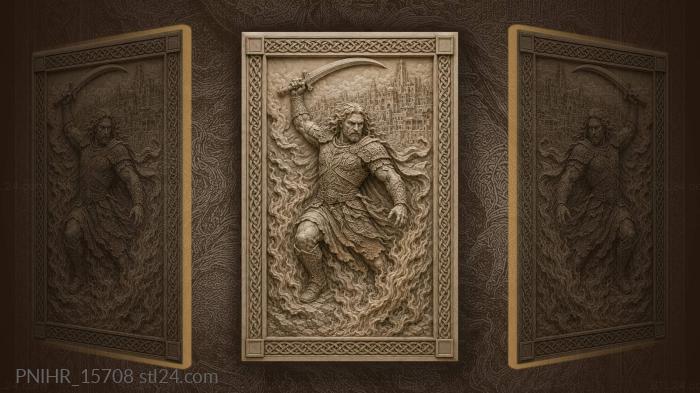 Curved blade raised amid rising flames 3d STL model