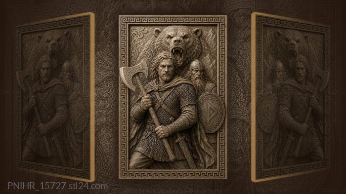 Bear looming over two axe men 3d STL model