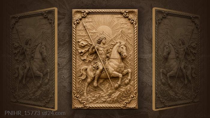 Rider with spear facing sun over mountains 3d STL model
