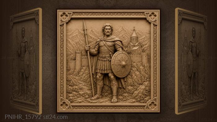 Spearman before a mountain fort and church 3d STL model