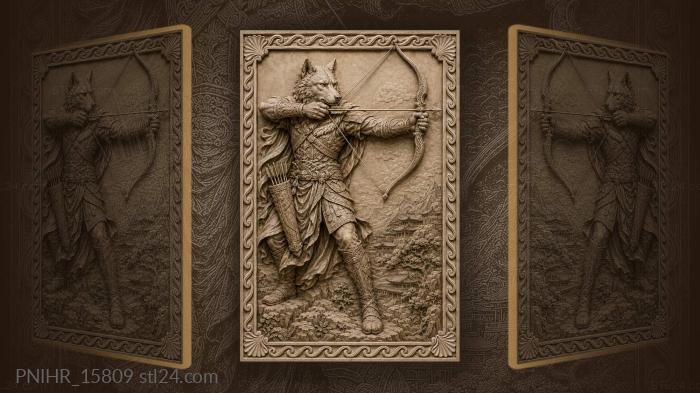Wolf archer drawing bow over town 3d STL model