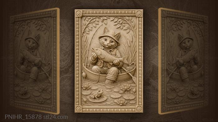 Cat in a boat with a fish and frog 3d STL model