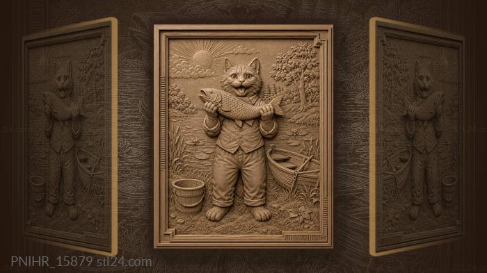 Cat in a waistcoat lifts a fish overhead 3d STL model