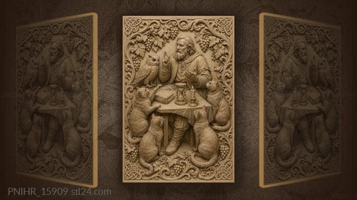 Storyteller with an owl and four cats 3d STL model