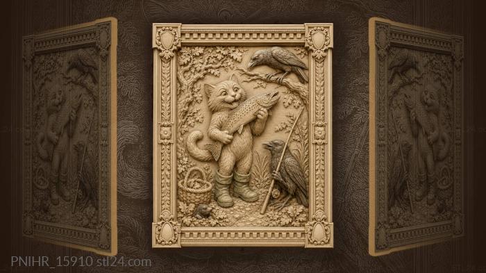 Cat in green boots with two crows 3d STL model