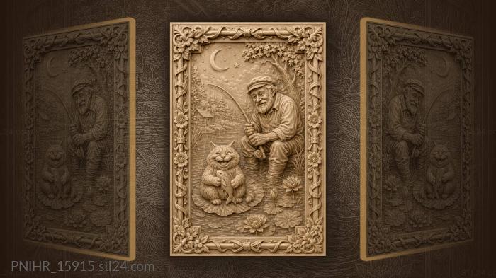Old man and mischievous fishing cat 3d STL model