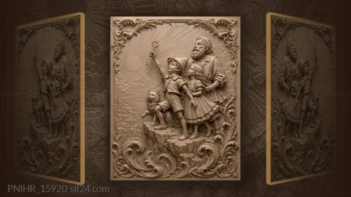 Golden key raised above girl and cat 3d STL model