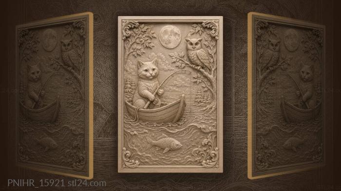 Cat fishing under the moon 3d STL model