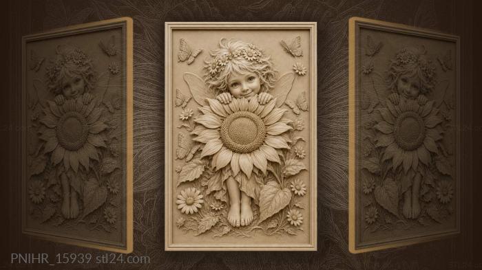 Fairy child peeking over a sunflower 3d STL model
