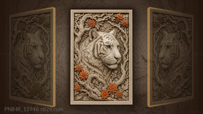 White tiger among blooming branches 3d STL model