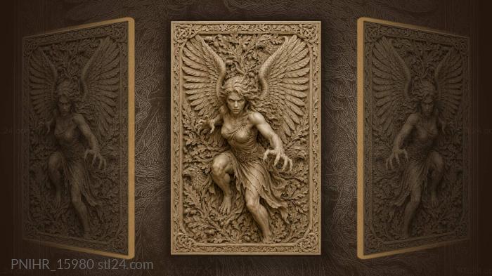 Clawed bird woman among oak leaves 3d STL model