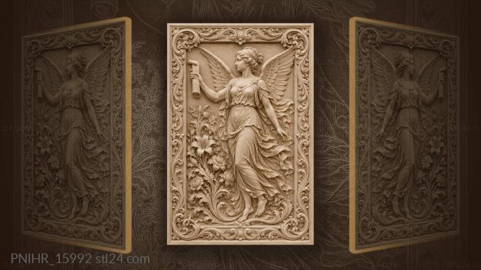 Scroll held by winged woman above flowers 3d STL model