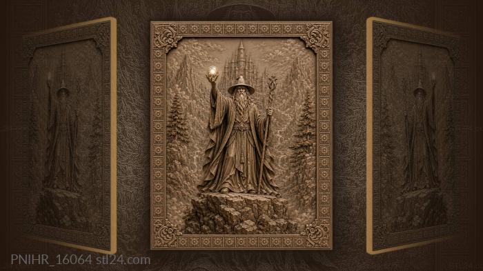 Wizard with orb and distant castle 3d STL model