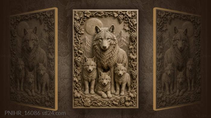 Wolf family under moonlit mountains 3d STL model