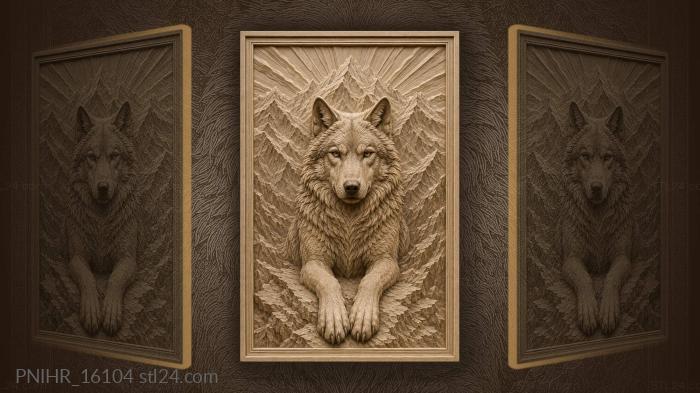 Wolf against radiating mountain peaks 3d STL model