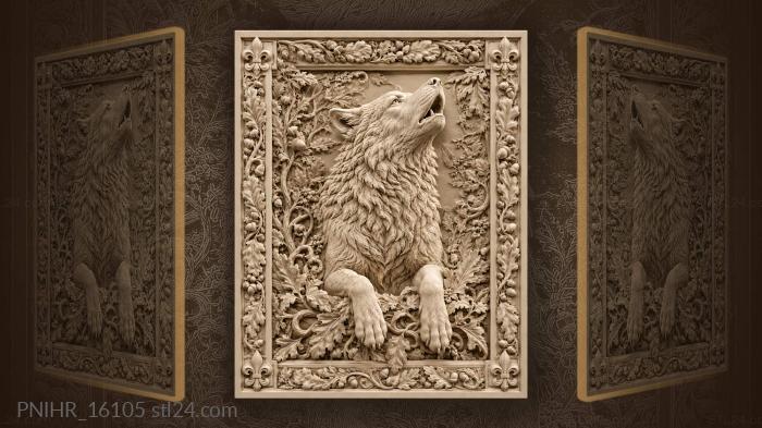 Wolf howl above oak leaves and berries 3d STL model