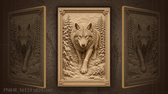 Wolf walking the snow among pines 3d STL model