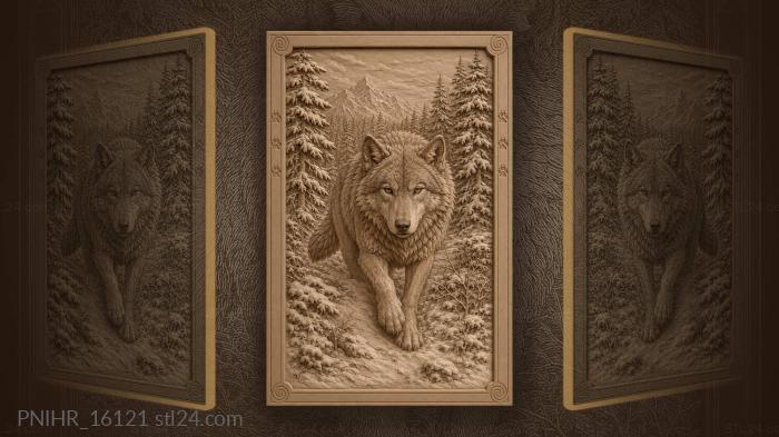 Wolf between tall snowy evergreens 3d STL model
