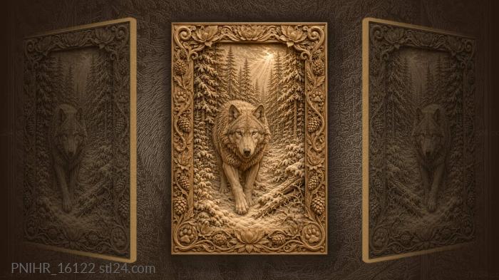 Wolf on snow among spruce boughs 3d STL model