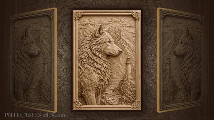 Wolf watching a lighthouse among mountains 3d STL model