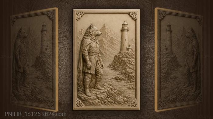 Wolf and coastal lighthouse scene 3d STL model