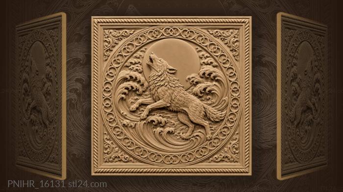 Red disc behind the waves and wolf 3d STL model