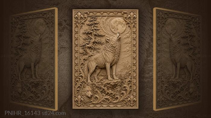 Wolf under moon pine forest 3d STL model