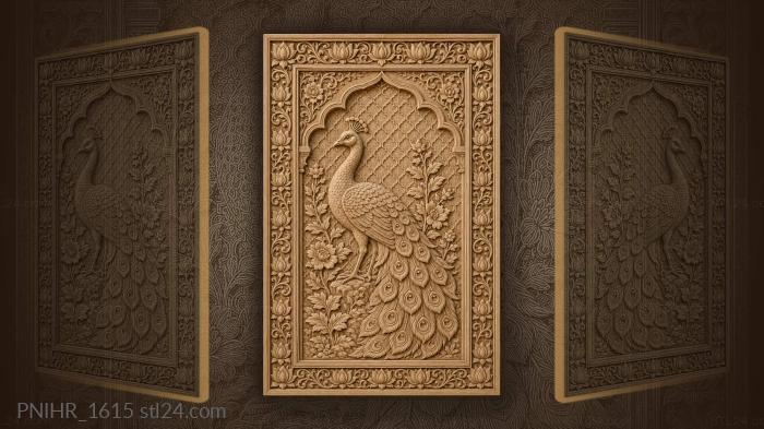 Geometric blooms accompany a striding peacock 3d STL model