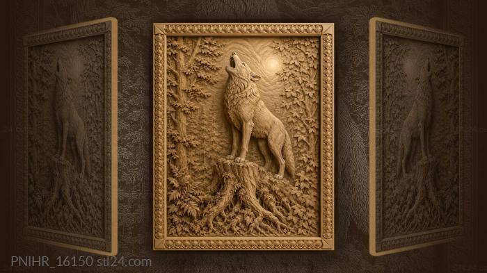 Wolf on a mossy stump in dense forest 3d STL model