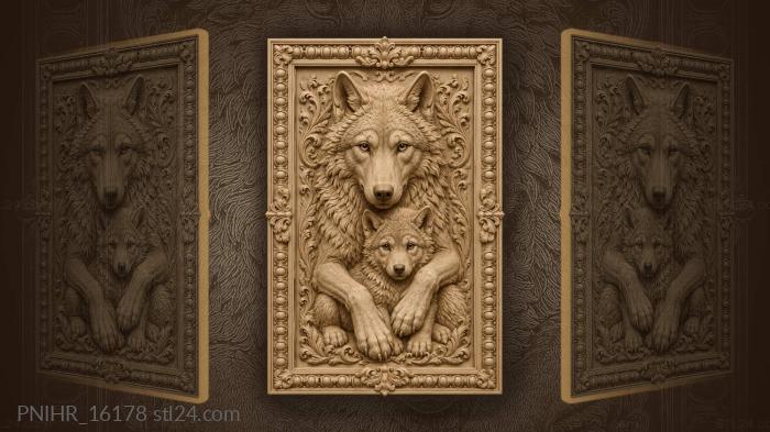 Wolf sheltering its small cub 3d STL model
