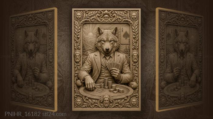 Wolf playing poker at sunrise table 3d STL model