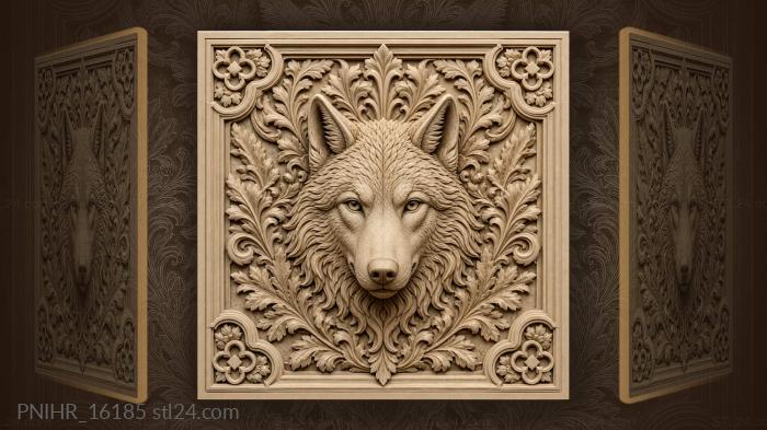 Wolf head emerging from leafy scrolls 3d STL model