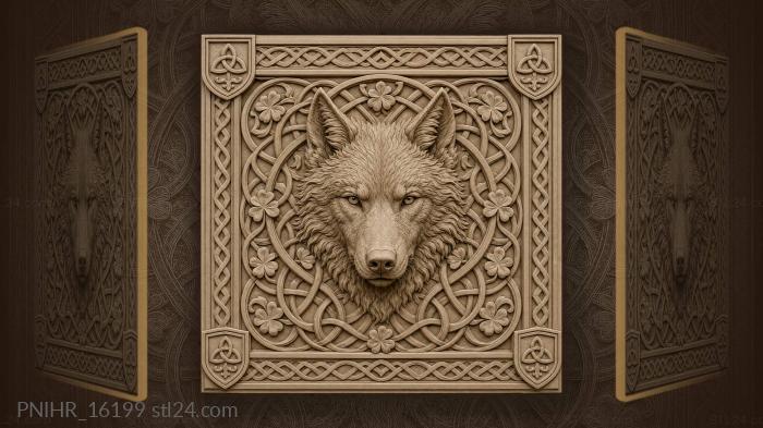 Shamrocks scattered around a wolf muzzle 3d STL model
