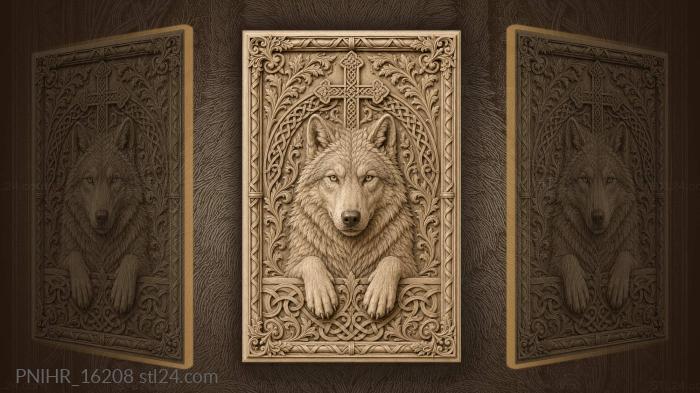 Cross above a calm resting wolf 3d STL model
