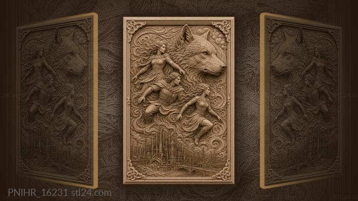 Three figures winding around the wolf 3d STL model