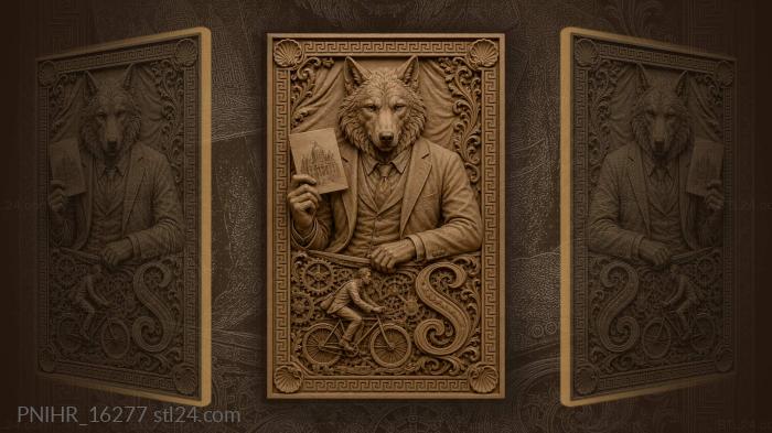 Wolf man with blueprint bicycle gears 3d STL model