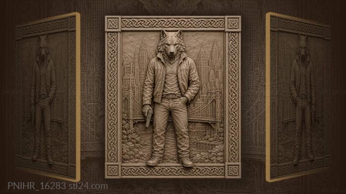 Wolf drawing pistol by the city bridge 3d STL model