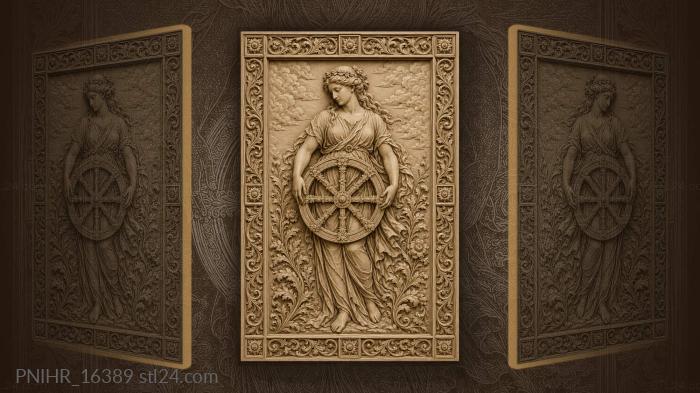 Woman holding a great spoked wheel 3d STL model