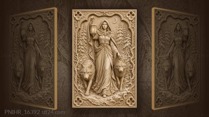 Moonlit woman with guardian wolves 3d STL model